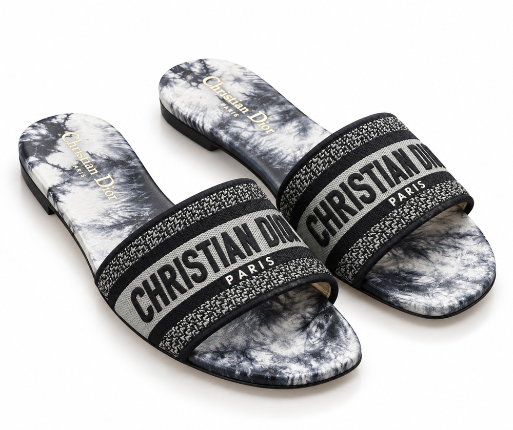 Christian Dior Dway Blue Tie Dye Embroidered Logo Slide Sandals EU 37.5